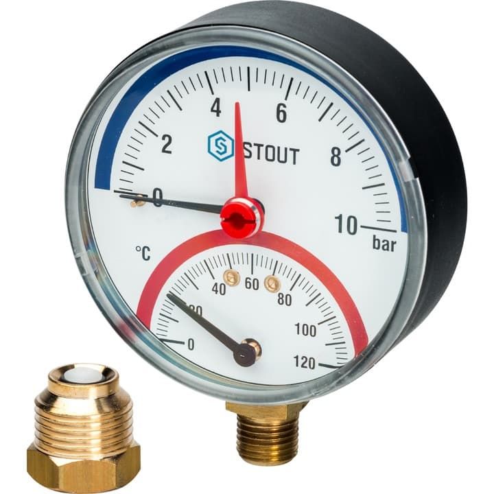 Термоманометр радиальный 1/2" STOUT в комплекте с автоматическим запорным клапаном SIM-0006-801015 Stout