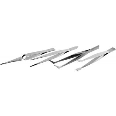 Набор ЗУБР: Пинцеты, нержавеющая сталь, прямой, заостренные губки, изогнутый, самозажимной прямой, плоские и широкие губ