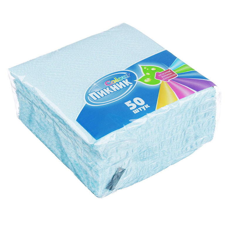 Салфетки бумажные Пикник 50шт, однослойные, 20х20см, голубые
