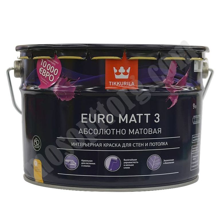 Краска водоэмульсионная EURO 3 MATT глубокоматовая (База С) 9л /Tikkurila/ С-000073157 TIKKURILA