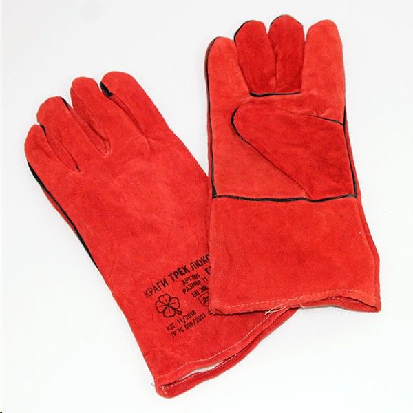 Перчатки (краги) спилковые, красного цвета, пятипалые Т-12