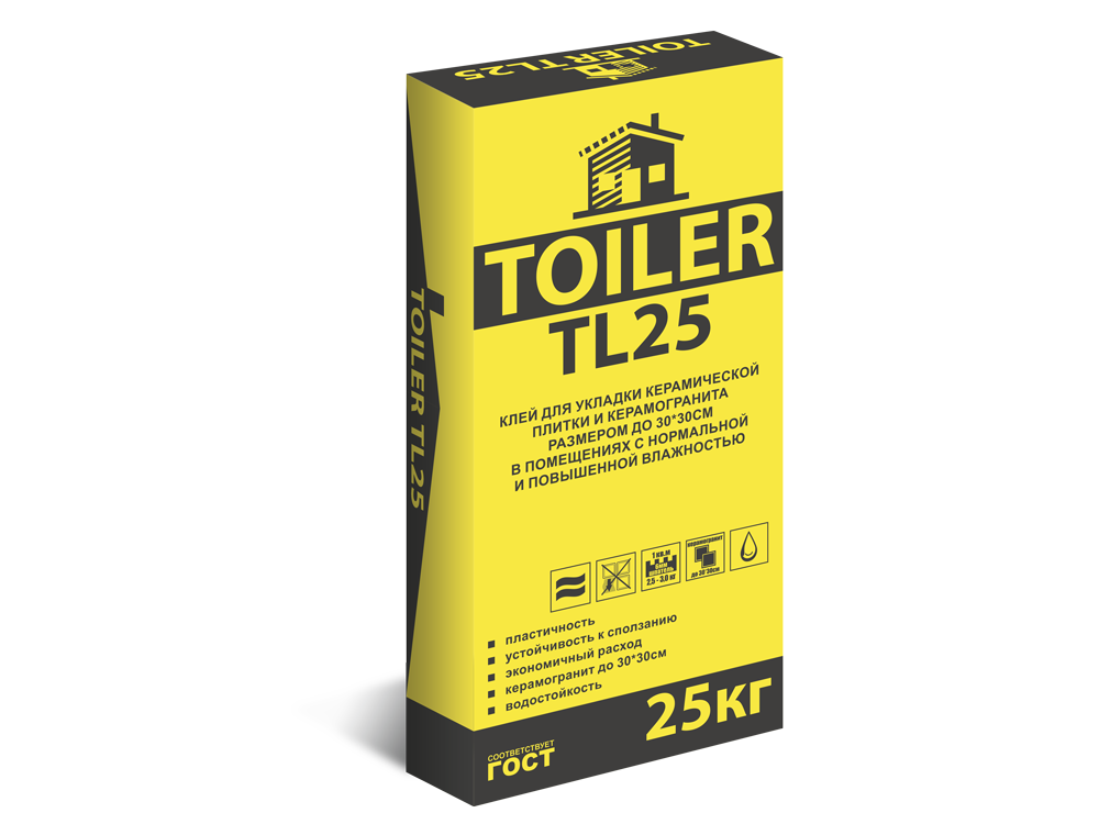 Клей TOILER Tl25 для укладки керамической плитки и керамогранита, 25 кг