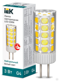 Лампа светодиодная Corn 3 Вт капсульная 4000К нейтральный цвет белый G4 12 В керамика IEK LLE-Corn-3-012-40-G4 