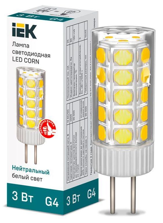 Лампа светодиодная Corn 3 Вт капсульная 4000К нейтральный цвет белый G4 12 В керамика IEK LLE-Corn-3-012-40-G4