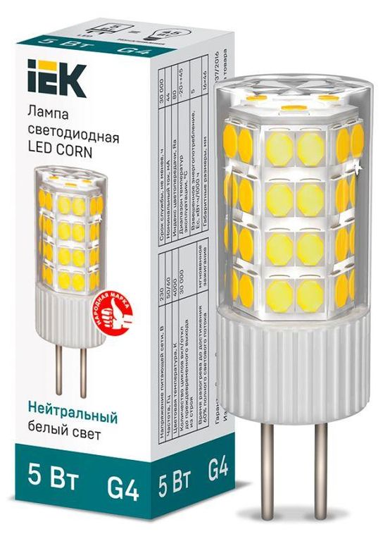 Лампа светодиодная Corn 5 Вт капсульная 4000К нейтр. бел. G4 230В керамика IEK LLE-Corn-5-230-40-G4