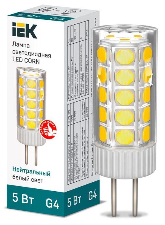 Лампа светодиодная Corn 5 Вт капсульная 4000К нейтр. бел. G4 12 В керамика IEK LLE-Corn-5-012-40-G4