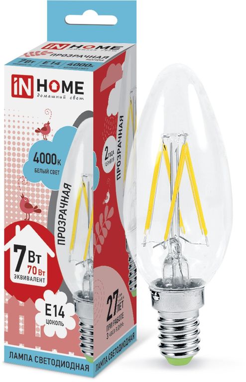 Лампа светодиодная LED-СВЕЧА-deco 7Вт 230В Е14 4000К 630Лм прозрачная IN HOME