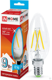 Лампа светодиодная LED-СВЕЧА-deco 9Вт 230В Е14 4000К 810Лм прозрачная IN HOME 